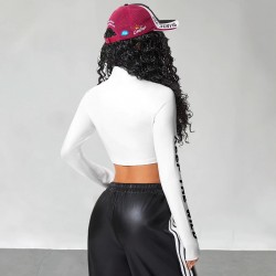 Motorcycle chick-inspired lettering print long-sleeved top. Sexy, slim-fitting, European and American streetwear zippered short T-shirt for women