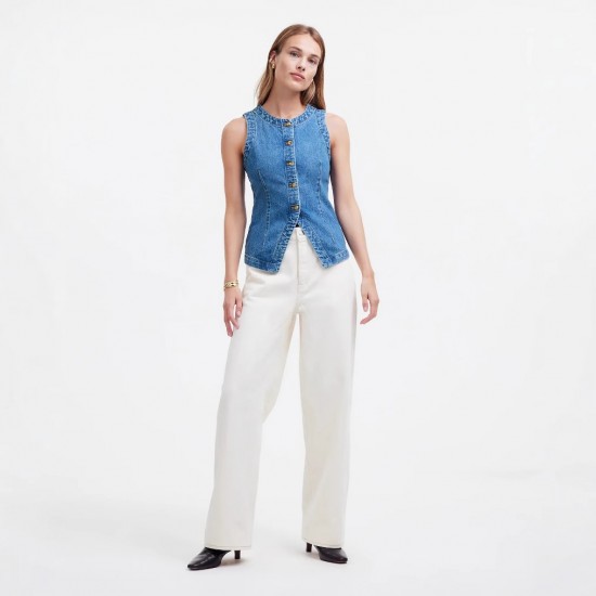 2025 summer new European and American cross-border trade sleeveless slim-fit denim vest for women, round-neck waistcoat
