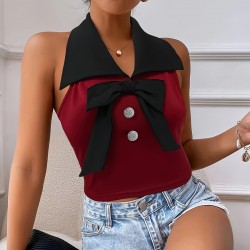 European and American sleeveless T-shirt for women, summer Chanel-style bow-knot halter neck, slim-waisted sexy short polo vest top
