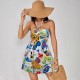 2025 summer new French-style, pure, sensual, printed, lace-up, floral halter-neck tank top for women