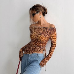 Sexy, European and American summer, long-sleeved, off-the-shoulder, cross-border women's clothing, sexy, leopard-print, one-piece top.
