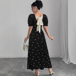 New cross-border short-sleeved bow-knot maxi dress, slim waist, printed European and American short-sleeved bow dress.