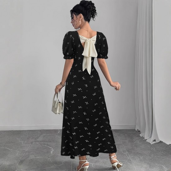 New cross-border short-sleeved bow-knot maxi dress, slim waist, printed European and American short-sleeved bow dress. New cross-border short-sleeved bow-knot maxi dress, slim waist, printed European and American short-sleeved bow dress.