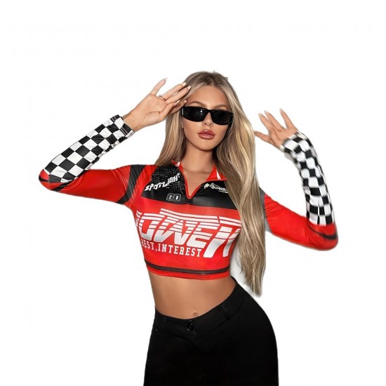 2025 Summer New Cycling Jersey Long-Sleeved T-Shirt for Women Sexy lapel top with lettering zipper and exposed navel.