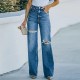 Factory direct sales, 2022 autumn new high-waisted jeans for women Washed and ripped wide-leg European and American denim trousers