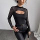 European and American, cross-border, elegant, long-sleeved, transparent mesh, patchwork, T-shirt. Slim-fitting, hollow, see-through, long-sleeved top.
