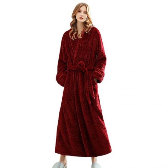 Autumn and Winter Thickened Flannel Baby Fleece Couple's Nightgown for Men and Women Extra Long Fixed Waist Yukata