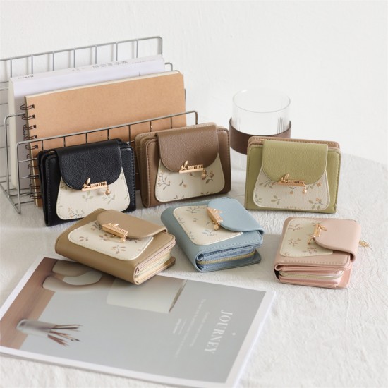 Cross-border foreign trade new short Korean-style PU leather small wallet, printed buckle foldable coin coin wallet. Zippered Student Coin and Card Holder Cross-border foreign trade new short Korean-style PU leather small wallet, printed buckle foldable coin coin wallet. Zippered Student Coin and Card Holder
