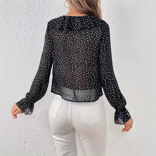 Fashionable ruffled polka dot V-neck shirt for women. 2025 Summer New French-Style, Age-Reducing Patchwork Top for Women