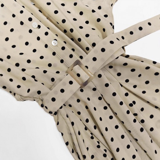 European and American women's polka-dot retro short-sleeved maxi dresses with a belt and decorative buckle for a slimming, fashionable dress. European and American women's polka-dot retro short-sleeved maxi dresses with a belt and decorative buckle for a slimming, fashionable dress.