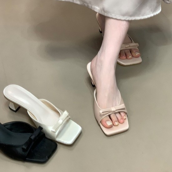 Open-toe satin soft block heel sandals, 2025 summer new French bow sandals Open-toe satin soft block heel sandals, 2025 summer new French bow sandals