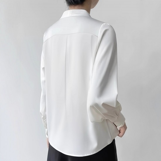 Professional V-neck pearl long-sleeved shirt for women, 2025 European and American women's new stylish commuter loose base top