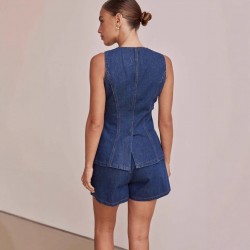 2025 spring and summer new Amazon independent European and American fashion sleeveless waisted high-waisted loose denim shorts set