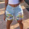 2025 spring and summer new European and American cross-border patchwork denim shorts for women, stylish streetwear ripped straight-leg mid-length pants in stock