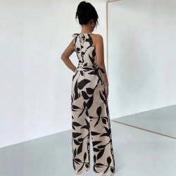 2025 Spring/Summer European and American style wide-leg trousers for women, fashionable printed waist-slimming halter-neck jumpsuit for women.