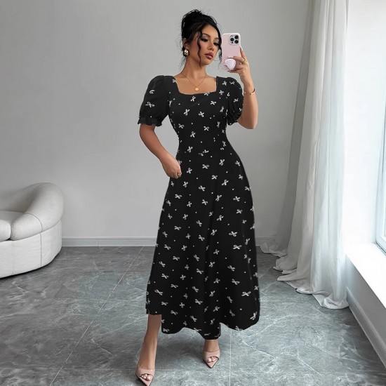 New cross-border short-sleeved bow-knot maxi dress, slim waist, printed European and American short-sleeved bow dress. New cross-border short-sleeved bow-knot maxi dress, slim waist, printed European and American short-sleeved bow dress.