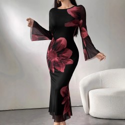 Cross-border elegant, stylish, long dress, slim-fitting, retro-printed, slightly flared, long-sleeved, mesh dress for women.