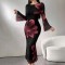 Cross-border elegant, stylish, long dress, slim-fitting, retro-printed, slightly flared, long-sleeved, mesh dress for women.
