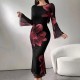 Cross-border elegant, stylish, long dress, slim-fitting, retro-printed, slightly flared, long-sleeved, mesh dress for women.