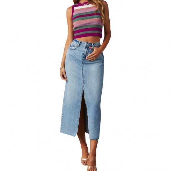 Amazon cross-border 2025 new slit denim skirt for women, high-waisted, washed American-style A-line midi skirt Amazon cross-border 2025 new slit denim skirt for women, high-waisted, washed American-style A-line midi skirt