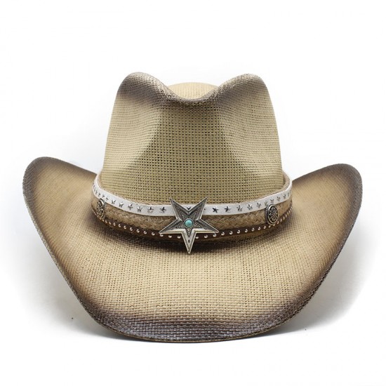 2024 Ethnic Style Horseback Riding Men's and Women's Retro Tibetan Rolled-Brimmed Western Cowboy Straw Hats with Sun Protection and Sun Visor
