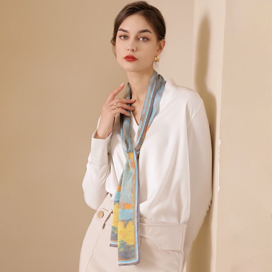 2025 new summer women's long silk scarf, wholesale printed imitation silk, tied with ribbons, sweet small neck scarf. 2025 new summer women's long silk scarf, wholesale printed imitation silk, tied with ribbons, sweet small neck scarf.