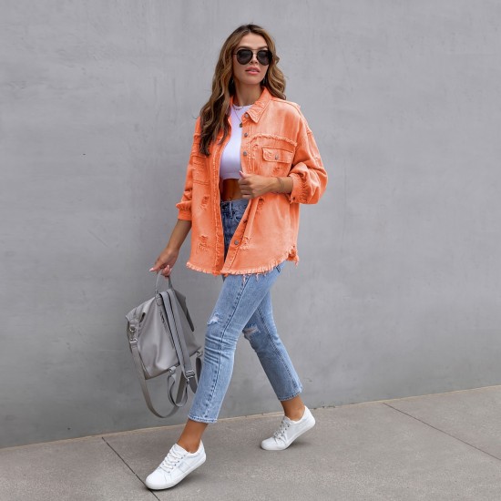 Cross-border new European and American denim jackets for women, solid color, loose-fitting jackets, ripped long-sleeved women's denim shirts, bestsellers.