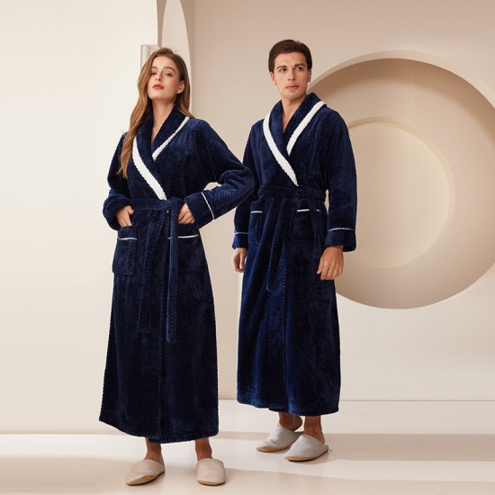 Autumn and Winter Thickened Baby Fleece Couples' Nightgowns for Women, Extra-Long Pineapple Plaid Flannel Bathrobes for Men, Plus-Size