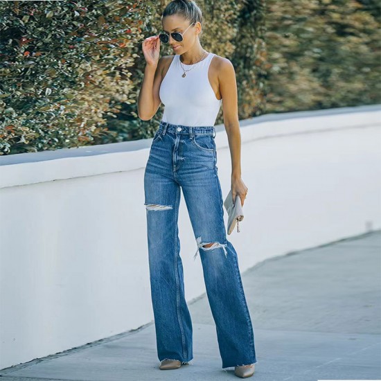 Factory direct sales, 2022 autumn new high-waisted jeans for women Washed and ripped wide-leg European and American denim trousers