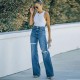Factory direct sales, 2022 autumn new high-waisted jeans for women Washed and ripped wide-leg European and American denim trousers