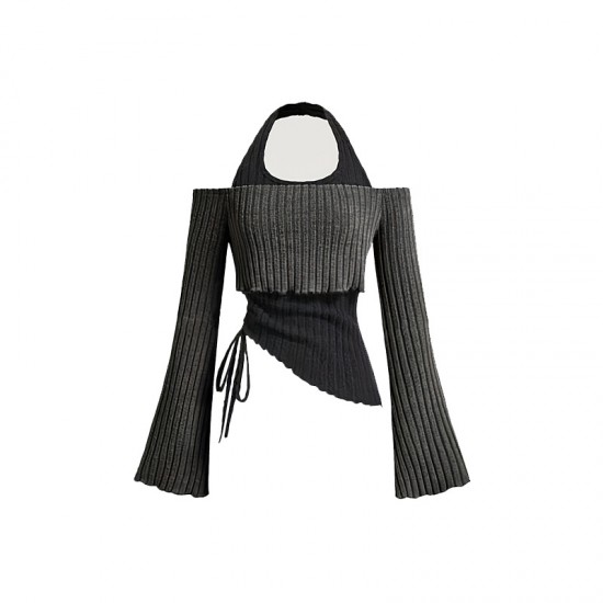Cross-border European and American women's long-sleeved T-shirts. Contrast-color two-piece halter neck sweater, slimming and hot girl top.