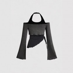 Cross-border European and American women's long-sleeved T-shirts. Contrast-color two-piece halter neck sweater, slimming and hot girl top.