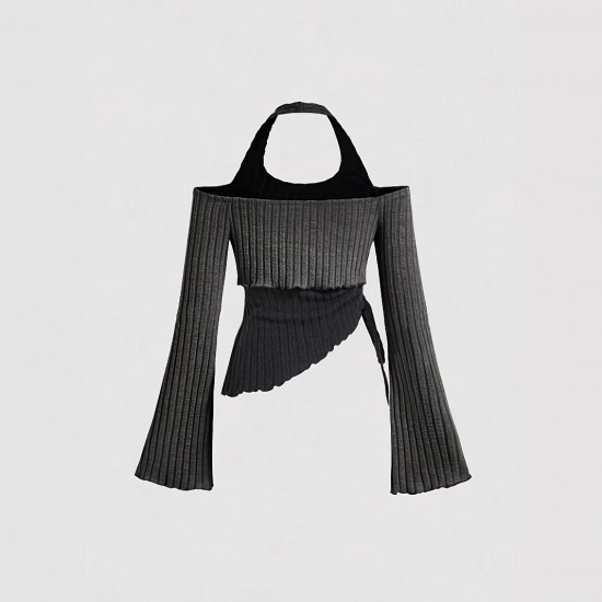 Cross-border European and American women's long-sleeved T-shirts. Contrast-color two-piece halter neck sweater, slimming and hot girl top.