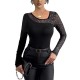 Sexy Hottie Long-Sleeved Top: New Spring and Summer European and American Style Celebrity Mesh Polka Dot Irregular Neck Slim Fit T-Shirt for Women Sexy Hottie Long-Sleeved Top: New Spring and Summer European and American Style Celebrity Mesh Polka Dot Irregular Neck Slim Fit T-Shirt for Women