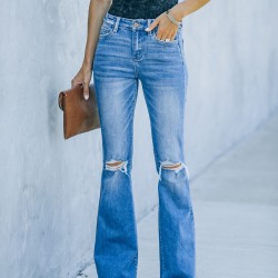 Factory direct sales: American-style flared women's stretch jeans, high-waisted, slimming, 2023 new foreign trade ripped jeans