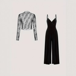 Elegant black lace, see-through, long-sleeved base top, suspender straps, and a slim-waisted velvet jumpsuit, two-piece set.